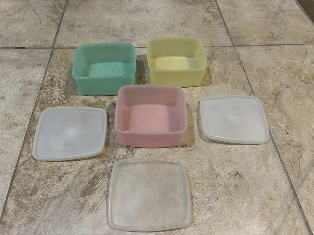 Vintage Tupperware Square Round Container Set of 3 Pastel Pink Yellow Green